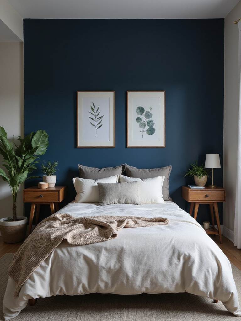 Cozy bedroom with a navy blue accent wall behind a bed, showcasing budget-friendly decor.