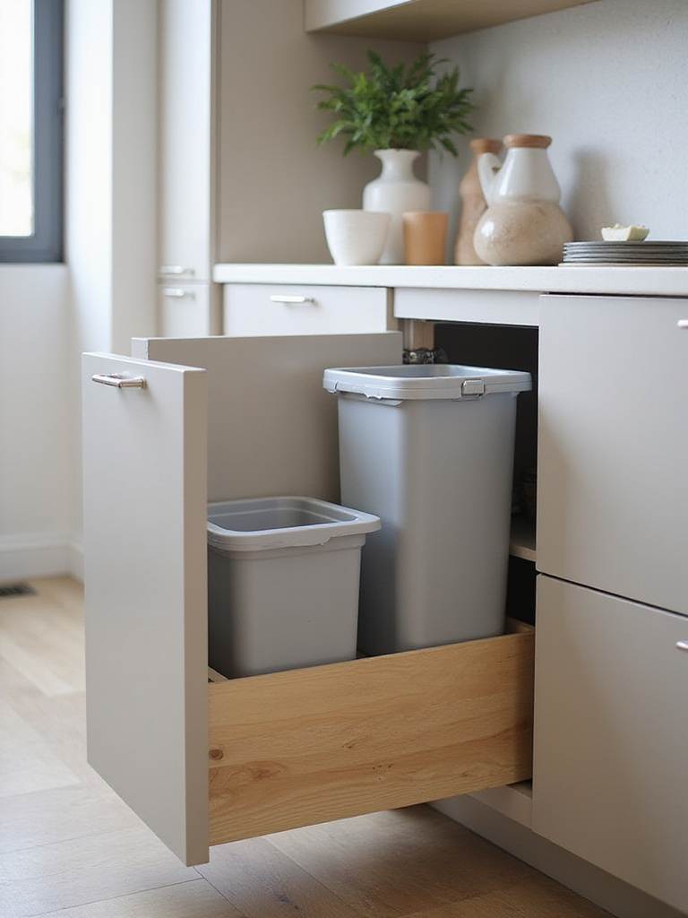 Modern kitchen with integrated waste management and recycling bins