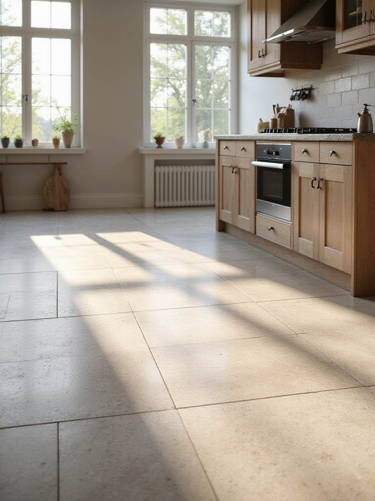 Water-resistant porcelain kitchen floor tiles in a bright, spacious kitchen