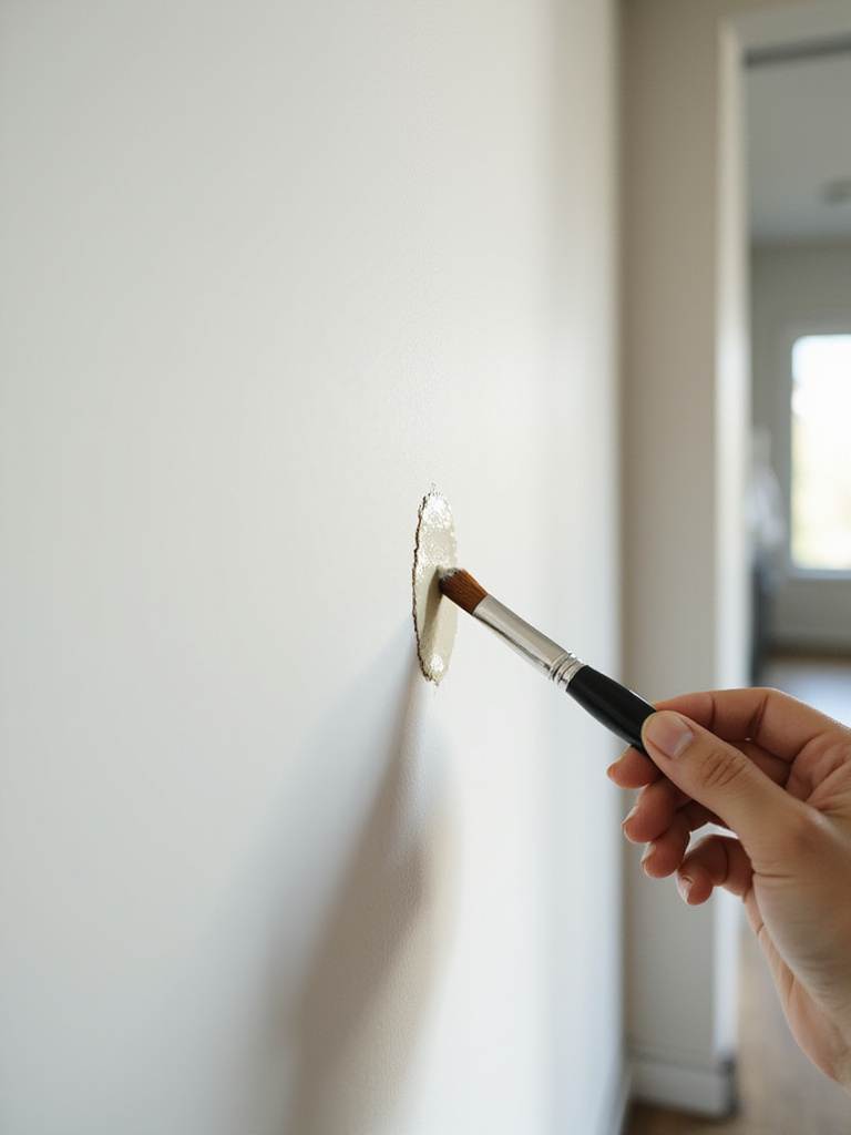 A close-up of a kitchen wall being touched up with paint to address scuffs and scratches.