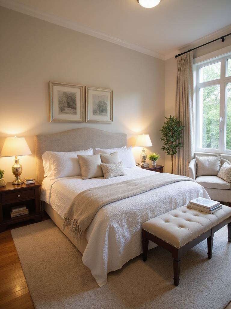 A refreshed bedroom layout with rearranged furniture, showcasing an inviting and spacious atmosphere.