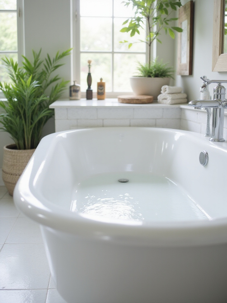 Freshly resurfaced bathtub in a bright, stylish bathroom.