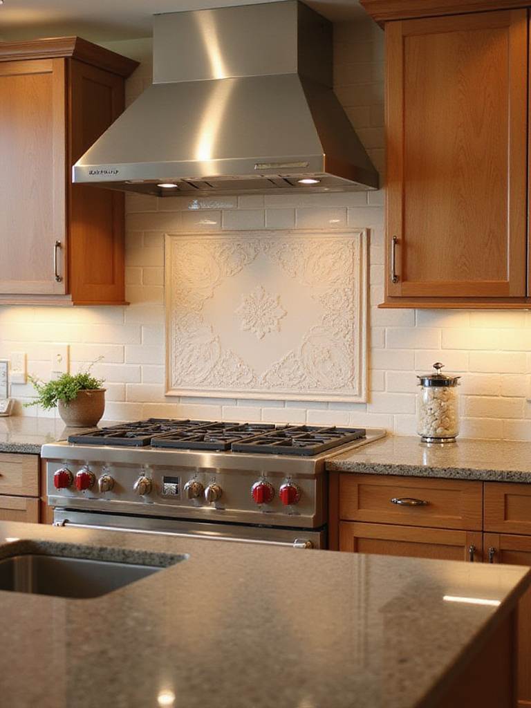 A modern kitchen with a full-height ceramic tile backsplash and wooden cabinets, emphasizing durable wall finishes.