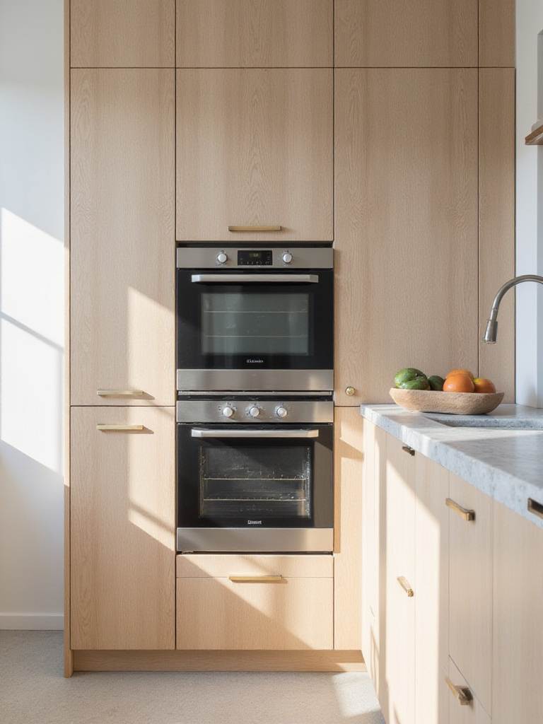 A Scandinavian kitchen with integrated appliances and light wood cabinetry.