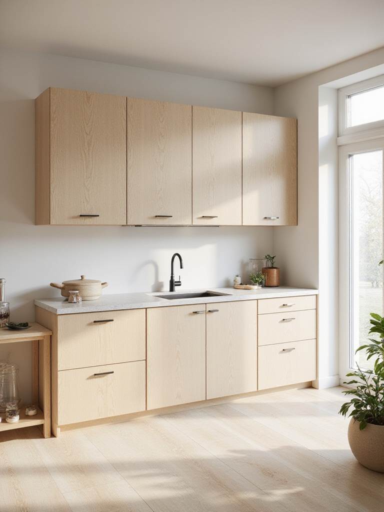 Scandinavian kitchen with pale wood cabinetry made of birch and ash, showcasing simplicity and warmth.