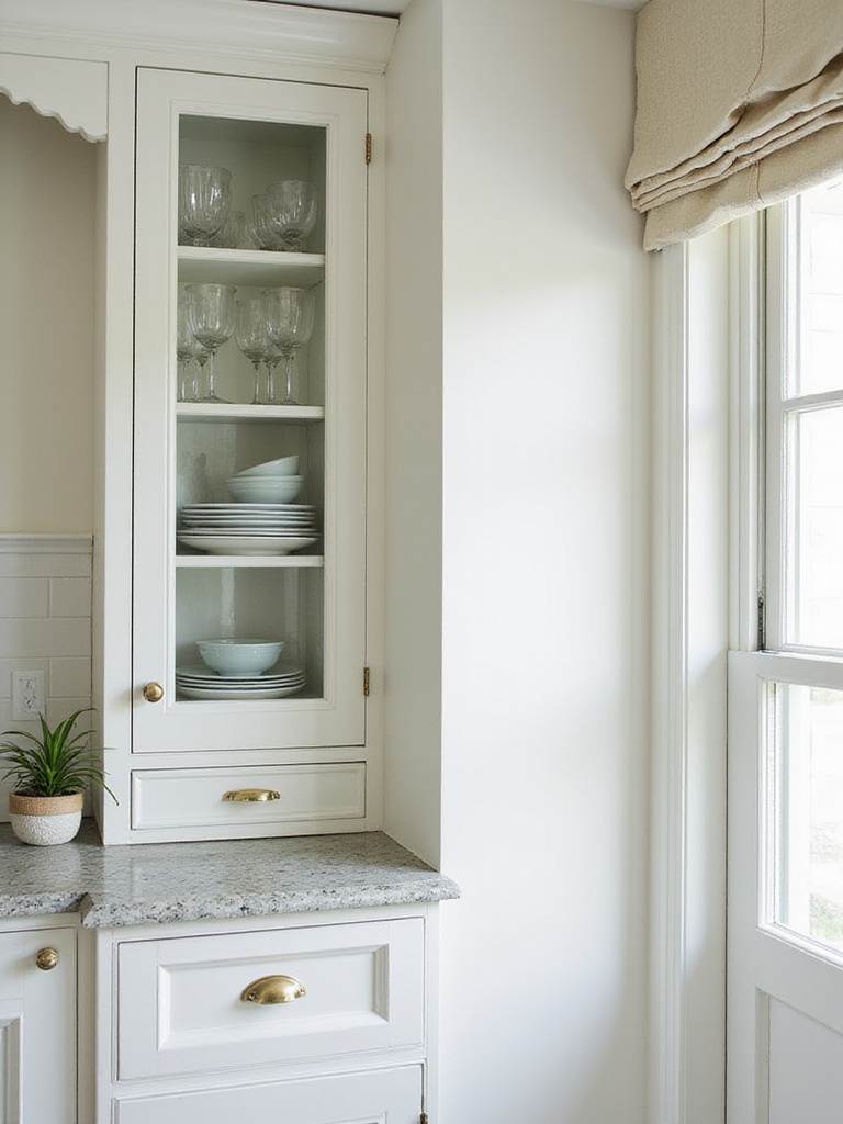 Elegant glass-front cabinets displaying curated dishware in a coastal kitchen setting.