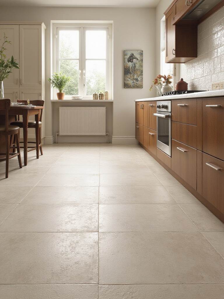 Modern kitchen with low-maintenance glazed porcelain tiles in a matte finish, showcasing clean lines and a bright atmosphere.