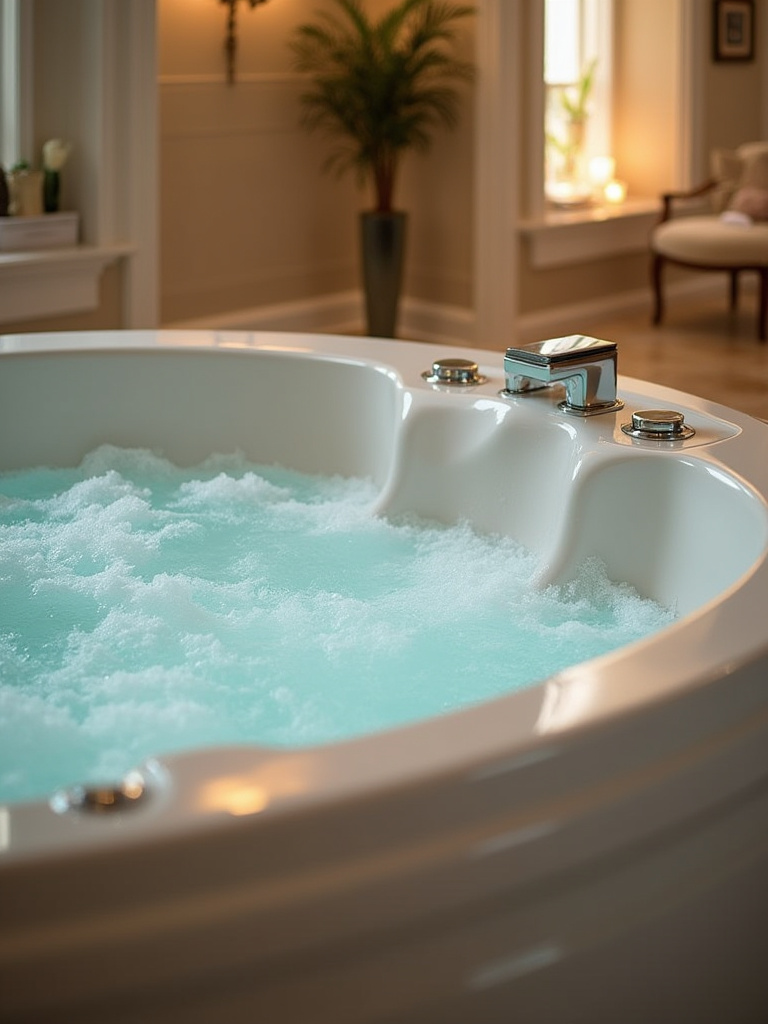 Therapeutic jetted bathtub system in a serene bathroom setting