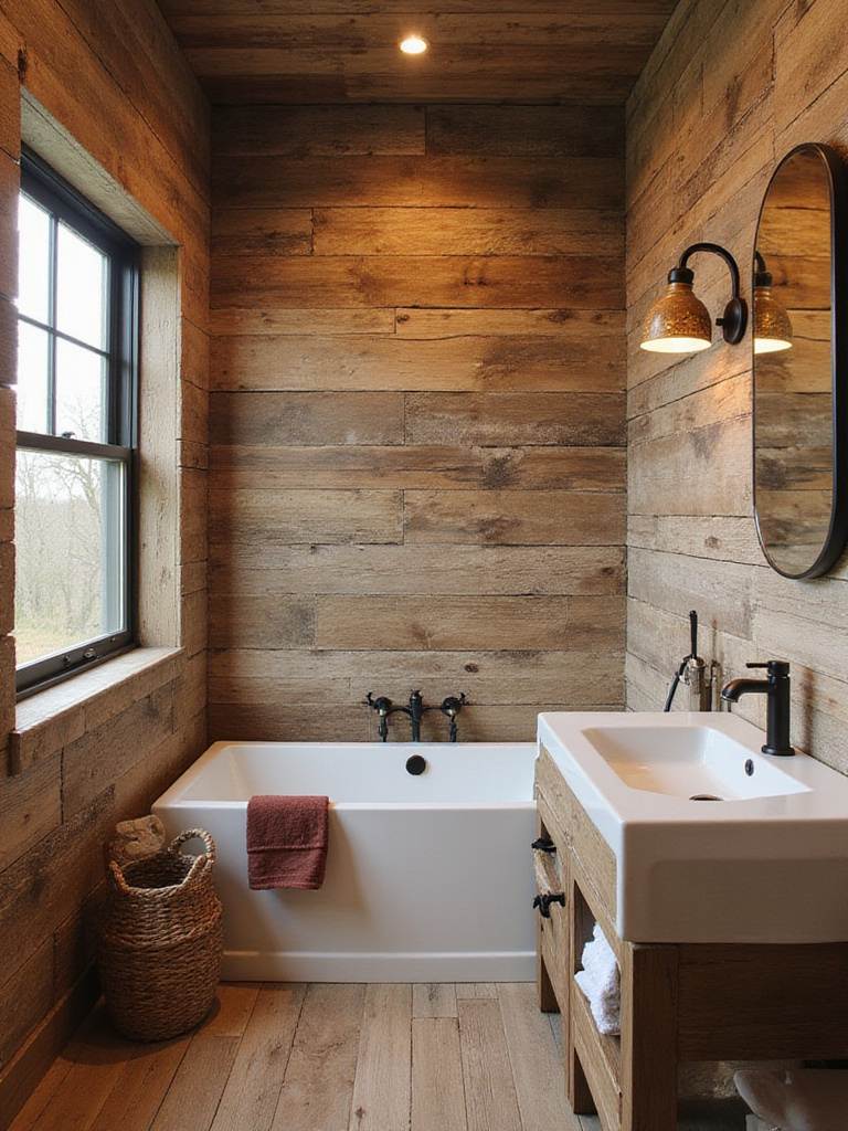Rustic bathroom with shiplap walls and reclaimed wood planks, showcasing warm textures and inviting atmosphere.