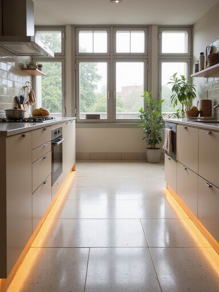 A beautifully designed kitchen featuring porcelain tiles with an integrated underfloor heating system, showcasing warmth and comfort.