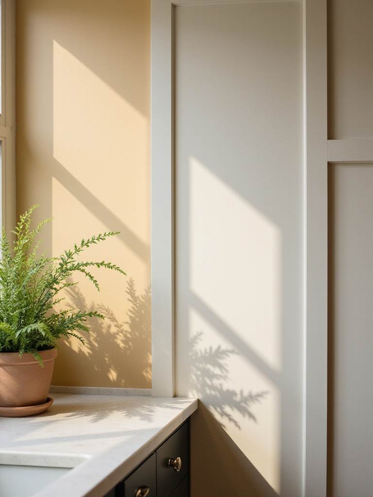A kitchen wall displaying various paint sheen levels: matte, satin, and semi-gloss.