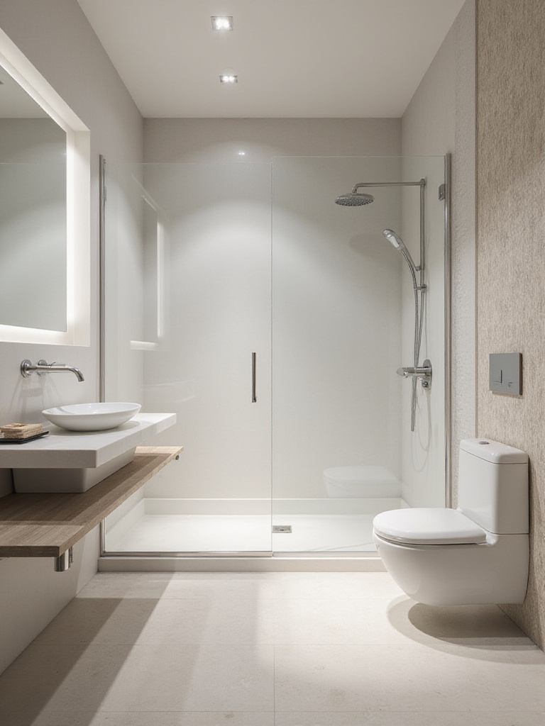 Empty modern bathroom with measuring tools and floor plan on countertop ready for cabinet installation