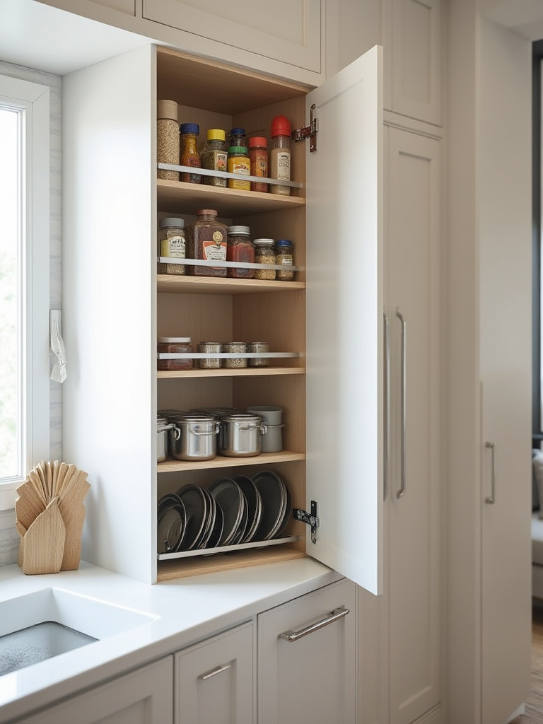 Organized kitchen cabinet door with back-of-door racks storing spices and pot lids neatly