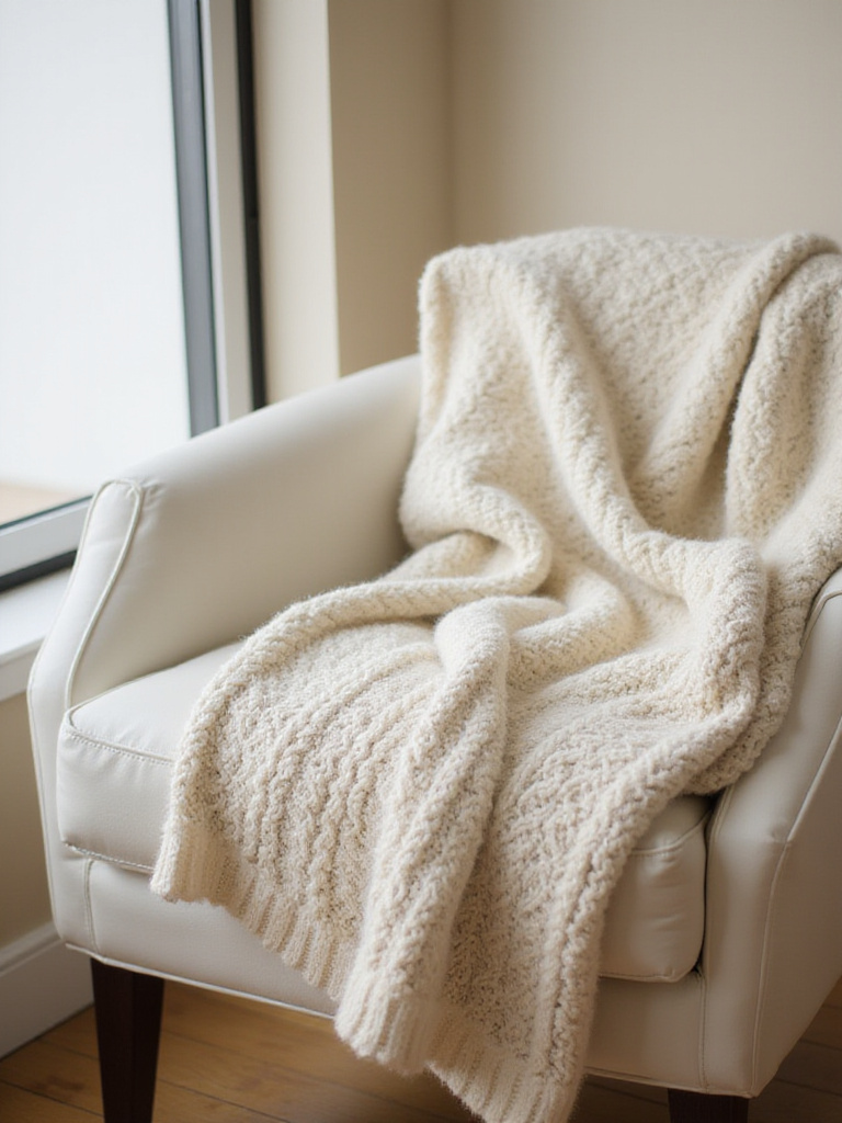 Cozy living room chair with a chunky cream cable-knit throw draped over the armrest in a minimalistic modern setting