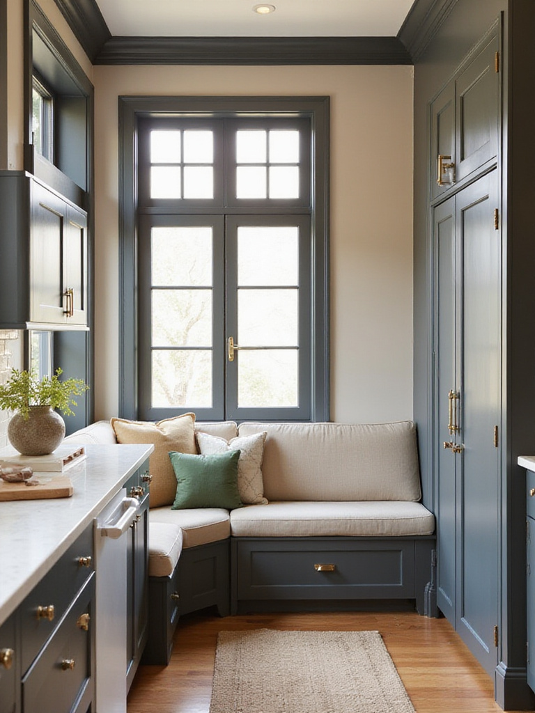Kitchen with contrasting trim and doors, showcasing design details.