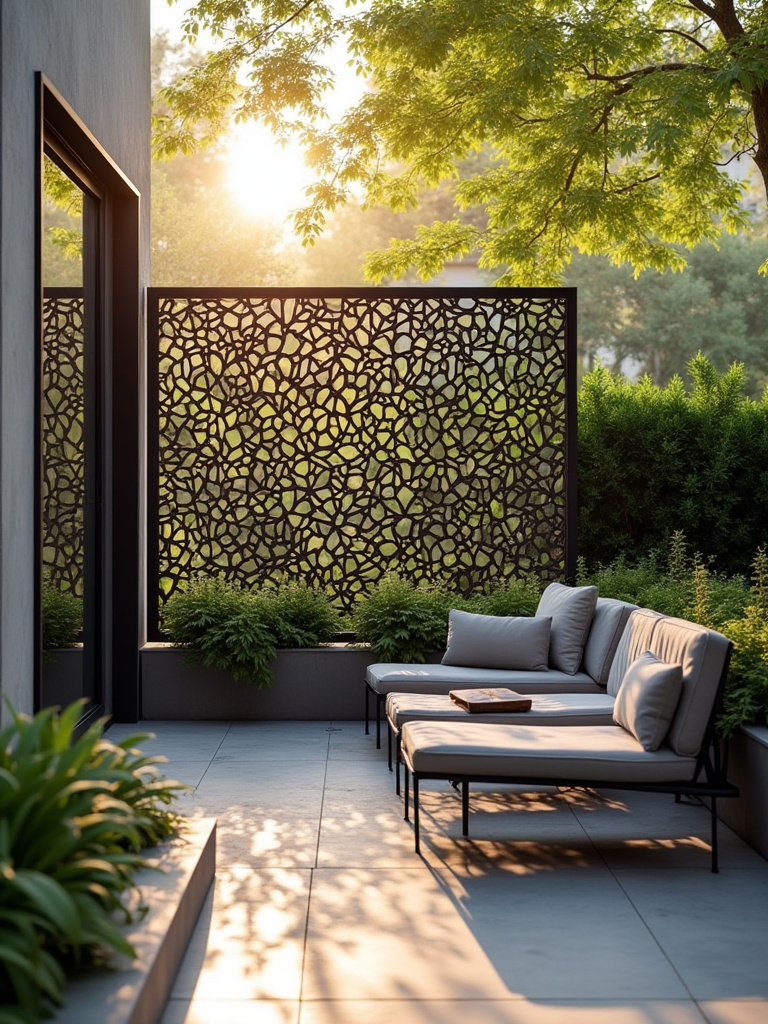 Portrait of a patio with a decorative laser-cut aluminum privacy screen creating a secluded seating area under warm sunlight