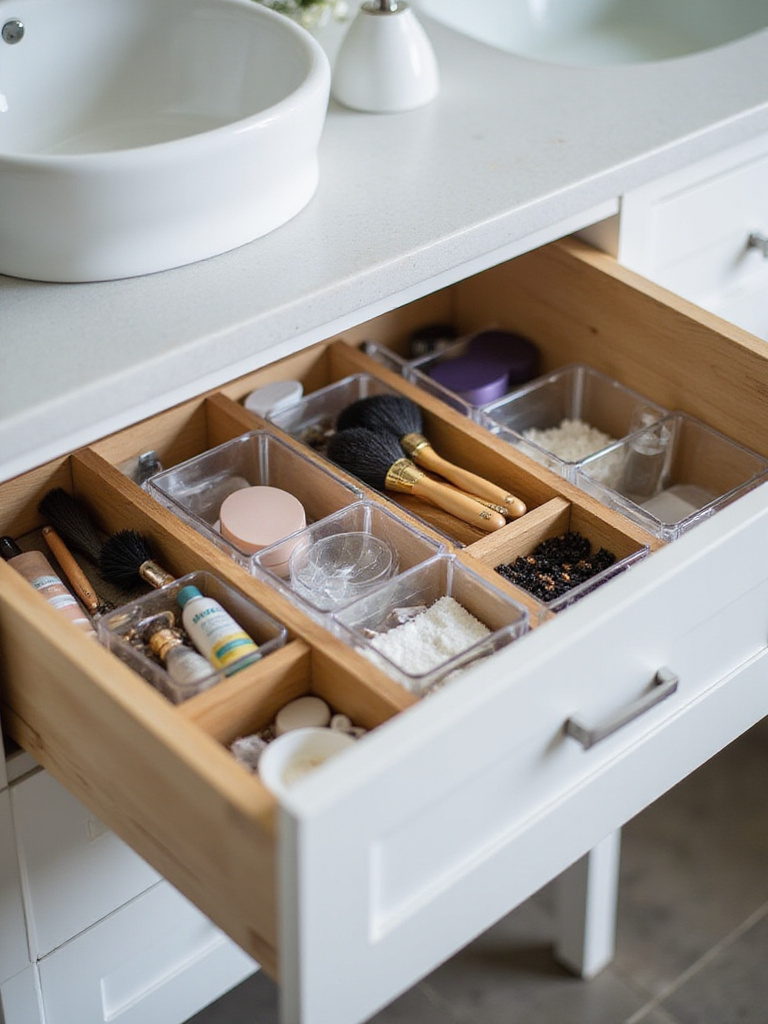 Open bathroom drawer with clear acrylic and bamboo interior drawer organizers neatly separating small essentials