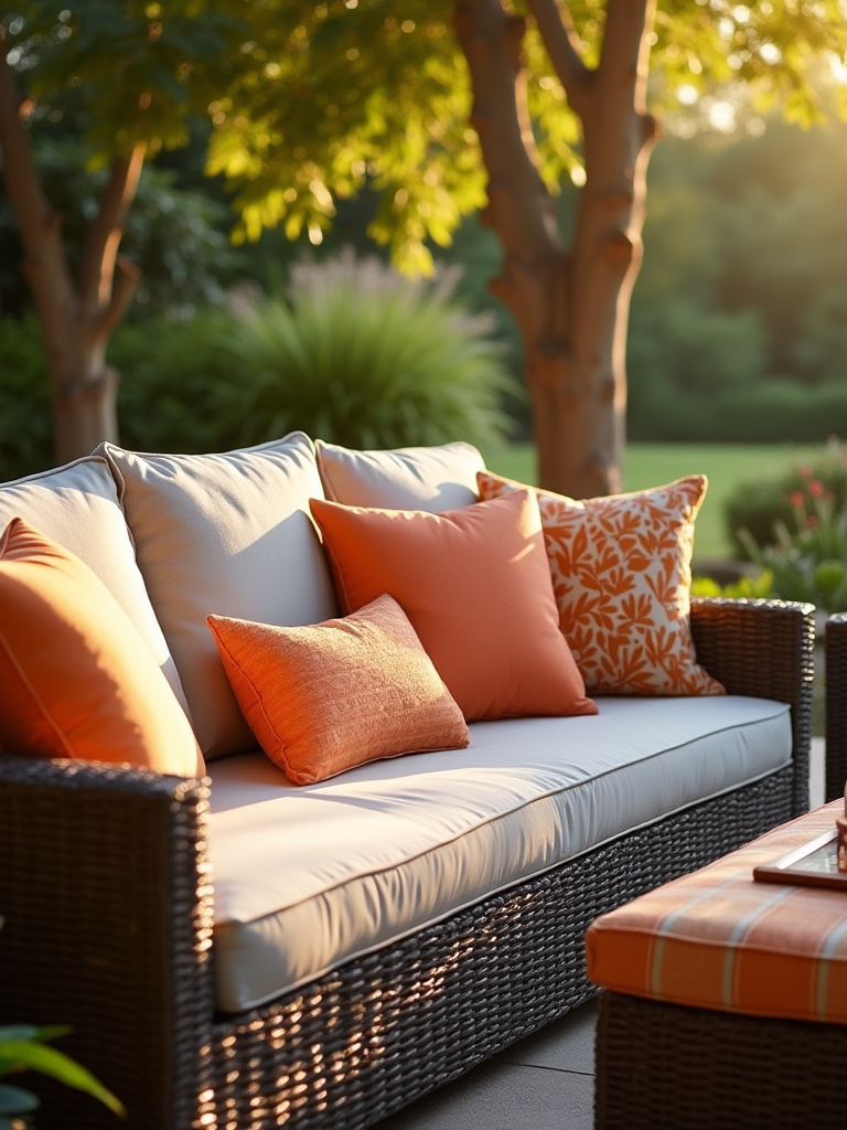 Outdoor patio seating with vibrant plush cushions and decorative pillows on wicker furniture during golden hour
