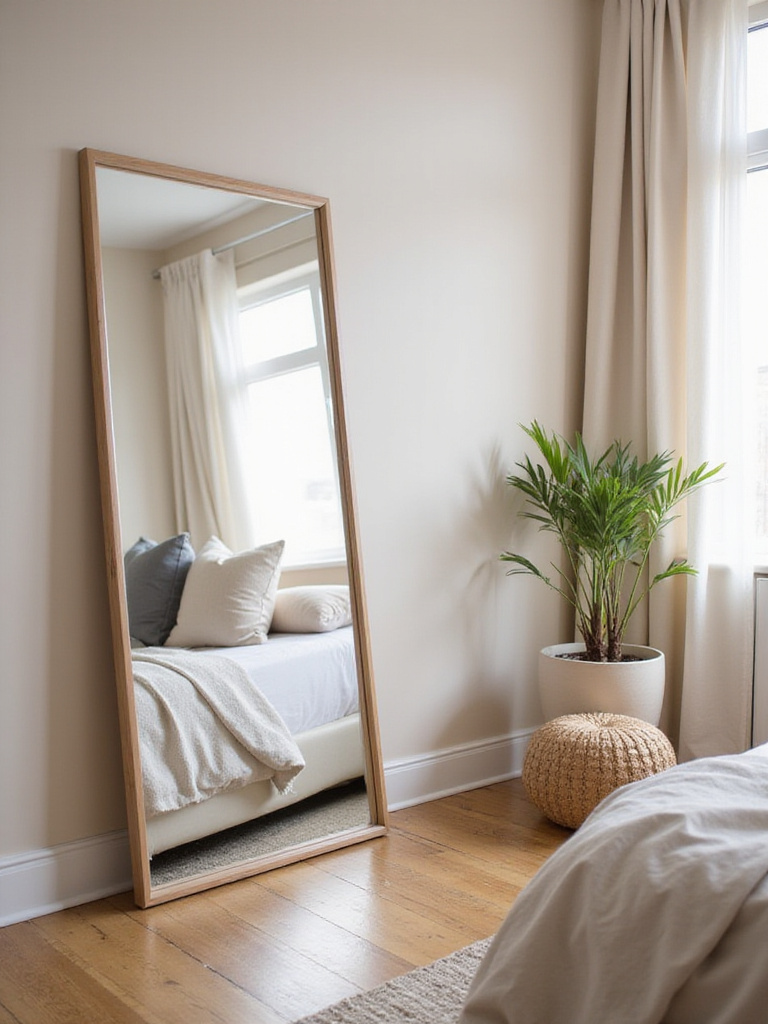 A spacious bedroom with a large floor-length mirror reflecting natural light.