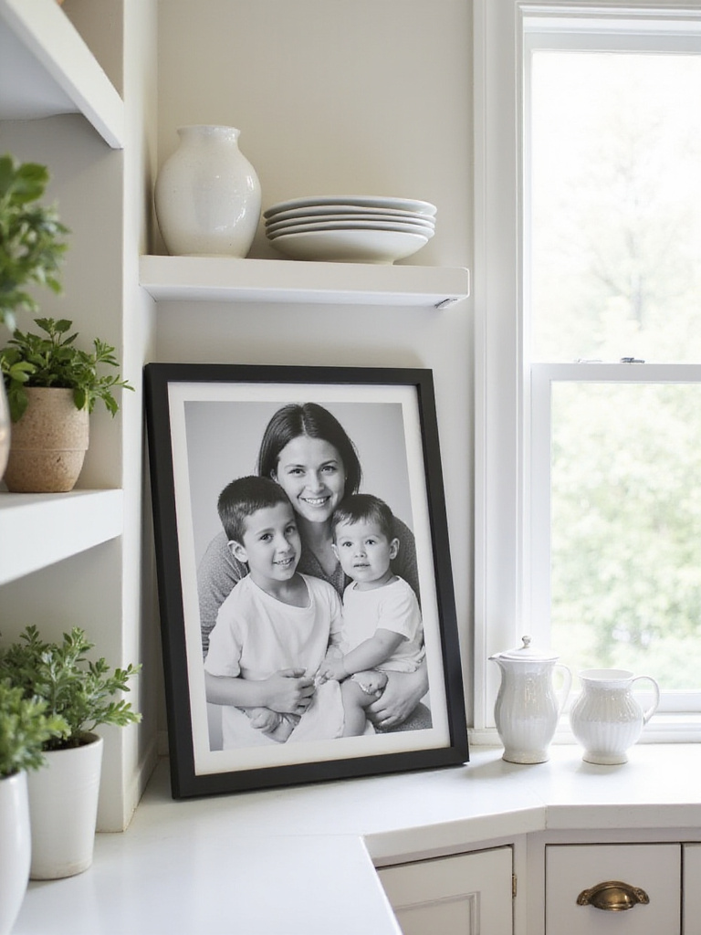 A kitchen shelf with a family photograph and minimal decor