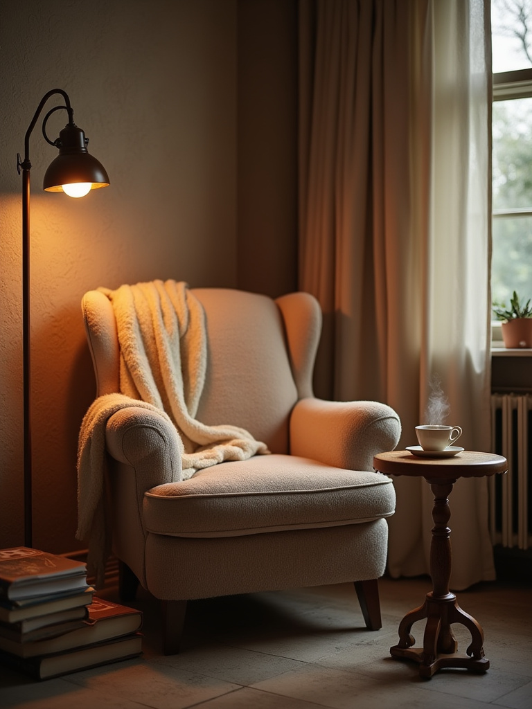 A cozy reading nook in a bedroom with a plush armchair, side table, and warm lighting.