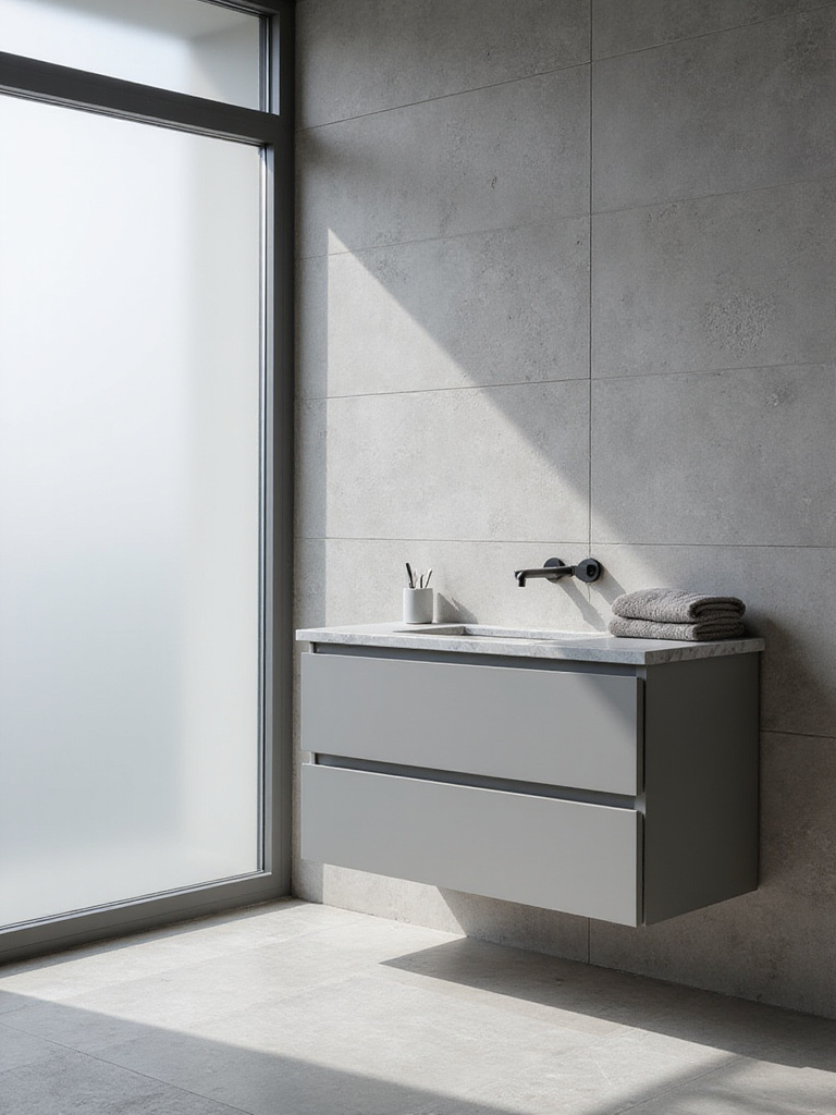 Modern bathroom with monochromatic gray palette featuring textured walls, matte vanity, and soft natural lighting