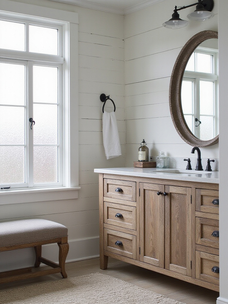Farmhouse style bathroom with distressed wood shaker cabinets and matte black hardware aligned with overall bathroom design aesthetic