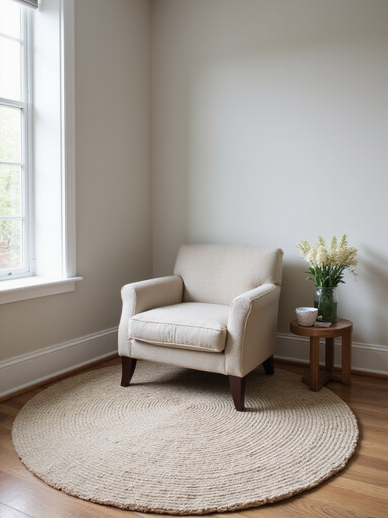 Cozy living room chair positioned on a perfectly sized area rug, anchoring the seating area with natural lighting and modern decor