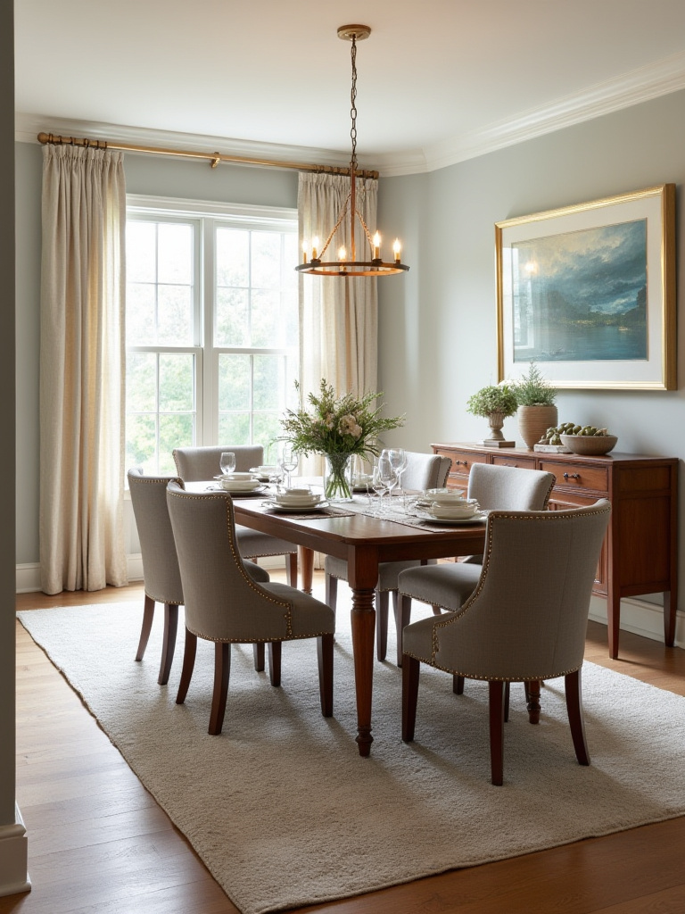 A well-decorated dining room with a large area rug under the dining table and chairs.