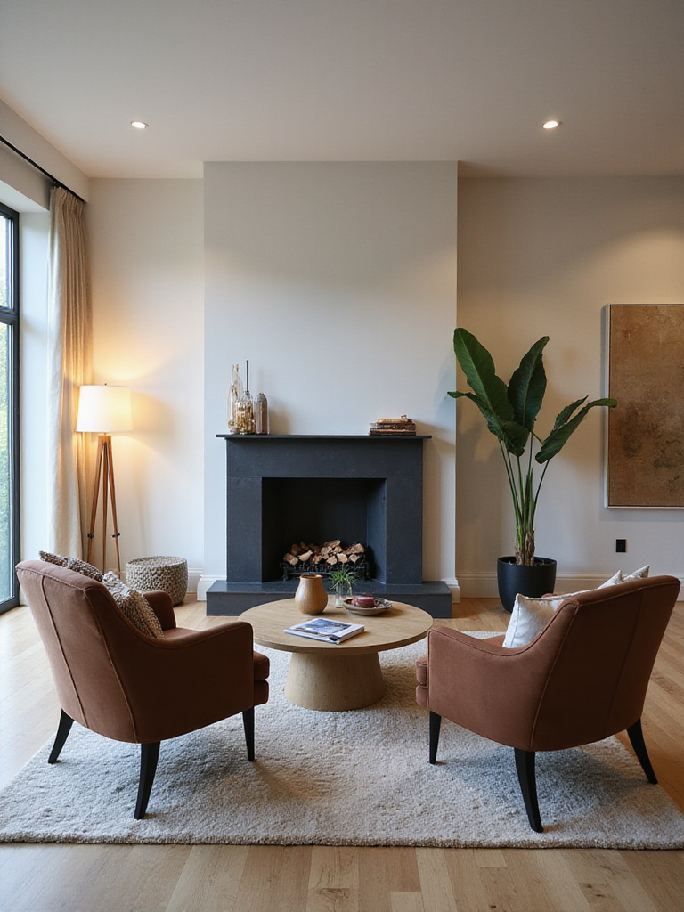 Living room with two angled armchairs arranged around a central coffee table near a fireplace, showcasing optimized room flow and intimate seating