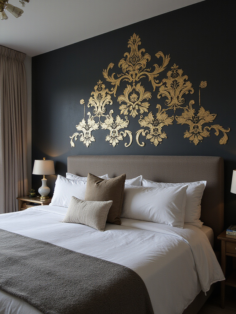 Luxurious bedroom with deep charcoal gray accent wall and gold metallic stencil pattern.