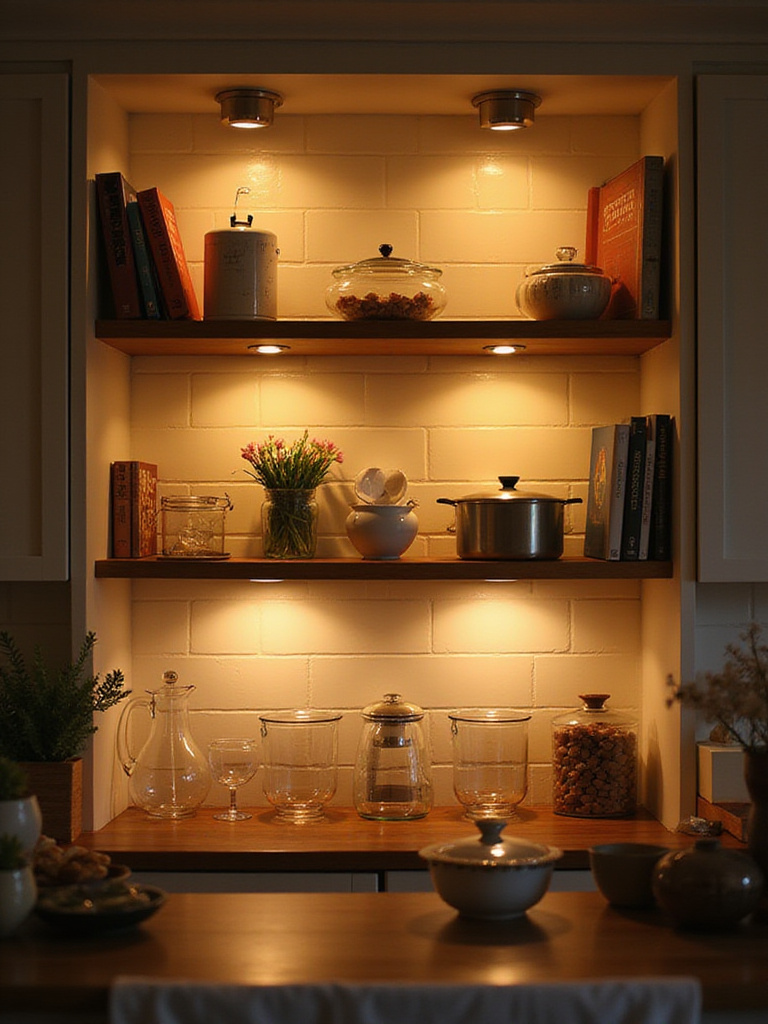 Kitchen shelves adorned with warm LED lighting, showcasing glassware and cookbooks.
