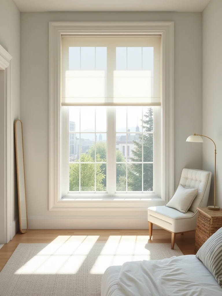 Bright apartment bedroom with east-facing windows, light grey walls, semi-sheer shades, and reflective surfaces optimizing natural light