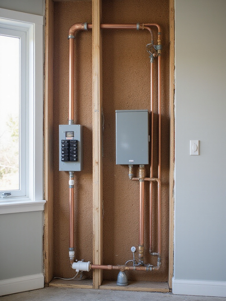 Exposed plumbing and electrical systems behind bathroom walls during renovation showing pipes and wiring