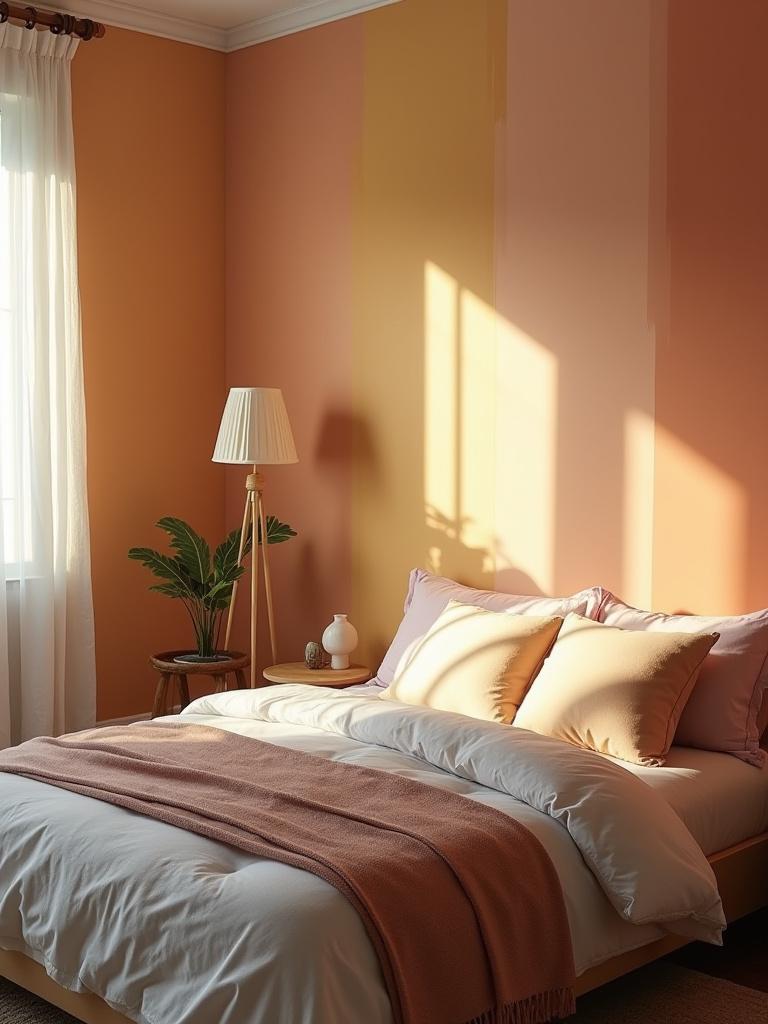 Bedroom showcasing paint colors under different lighting conditions.