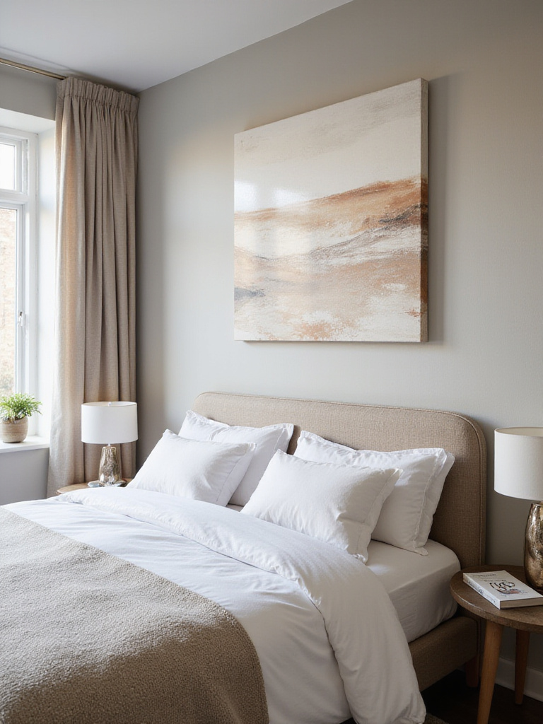 Bedroom wall with large canvas art piece showcasing proper scaling and decor arrangement.