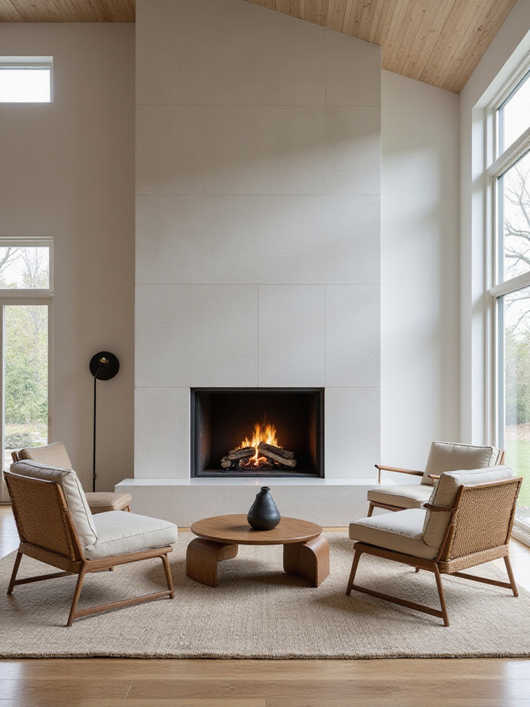 Modern living room with asymmetrical chair arrangement balancing a fireplace and distinct armchairs