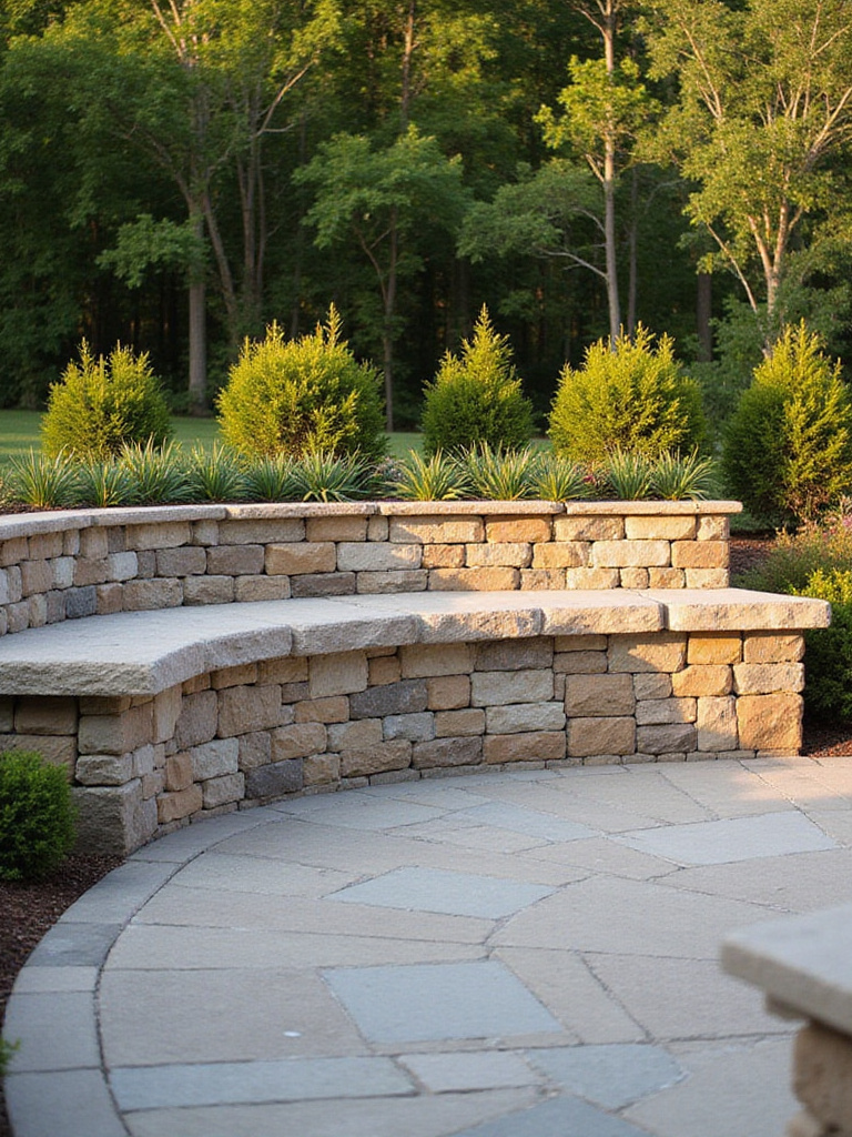 Low retaining wall with wide stone capstone used as seating, defining patio edges and managing a gentle slope in a backyard garden