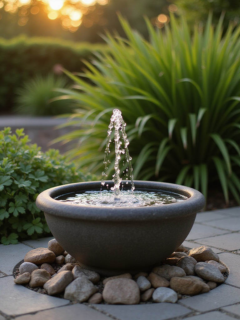 Simple bubbling water fountain on a patio surrounded by natural stones and plants, captured in soft natural light
