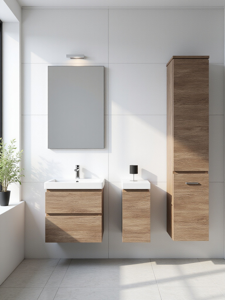 Modern bathroom featuring both wall-mounted and freestanding bathroom cabinets side by side showcasing layout versatility