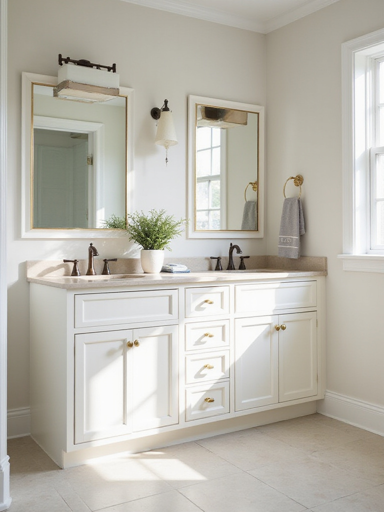 Bathroom with warm white shaker cabinets, brushed gold hardware, and oil-rubbed bronze faucet showcasing complementary cabinet finishes and fixtures
