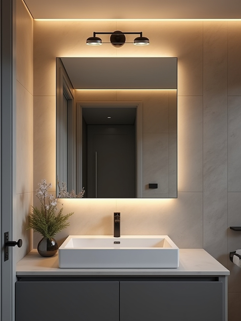 Modern bathroom with contemporary layered lighting including recessed LEDs, vanity bar lights, and cove lighting enhancing mood and function