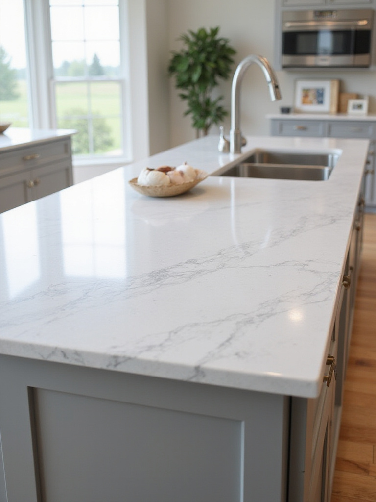 Modern kitchen island with durable quartz countertop showcasing style and longevity in natural daylight