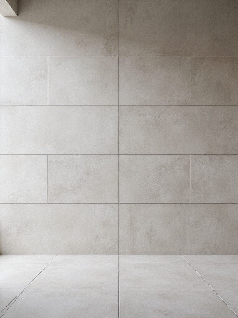 Modern bathroom wall featuring large format porcelain tiles with minimal grout lines creating a seamless and expansive look