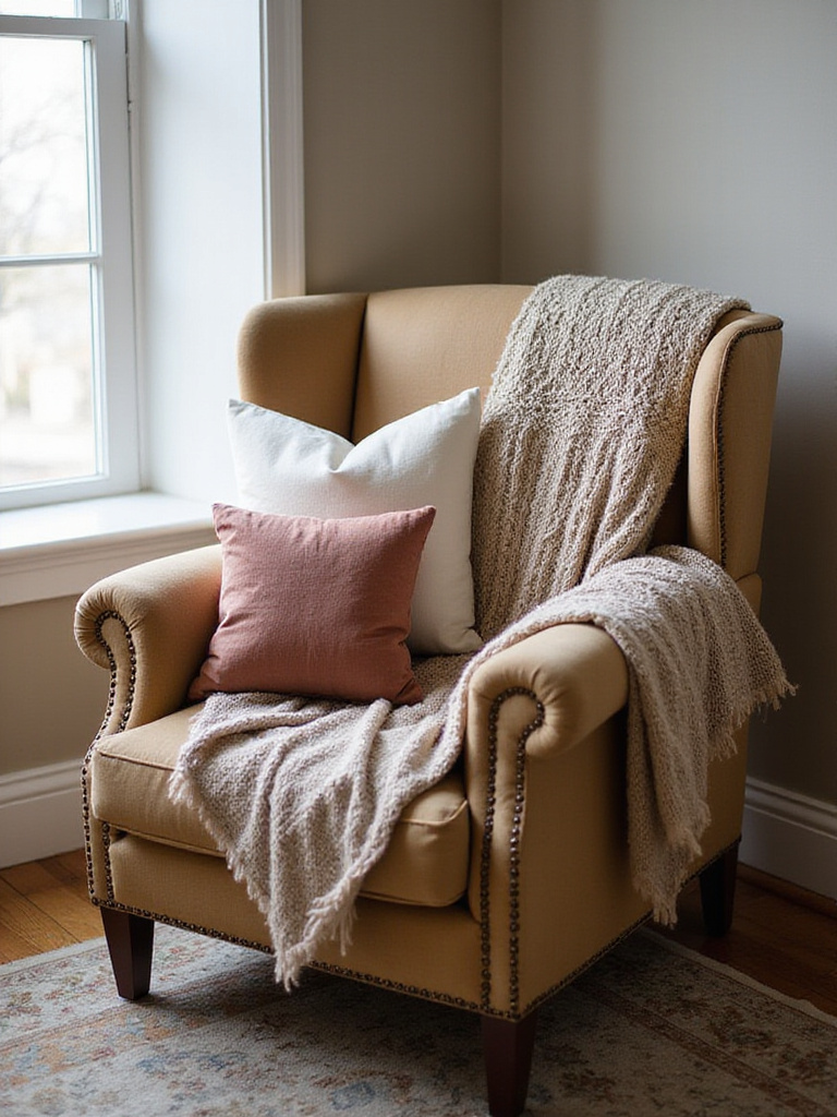 Cozy living room chair styled with layered throw pillows of velvet, knit, and linen textures in natural light