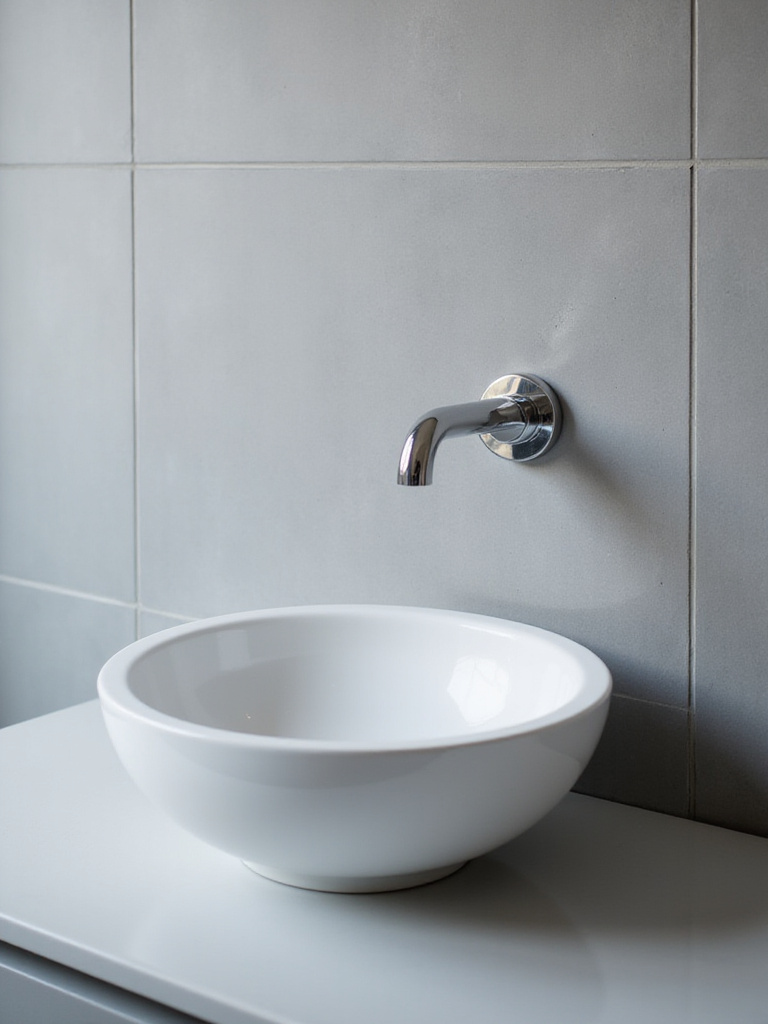 Modern bathroom sink with chrome wall-mounted faucet and minimalist white vessel sink on gray tiled wall