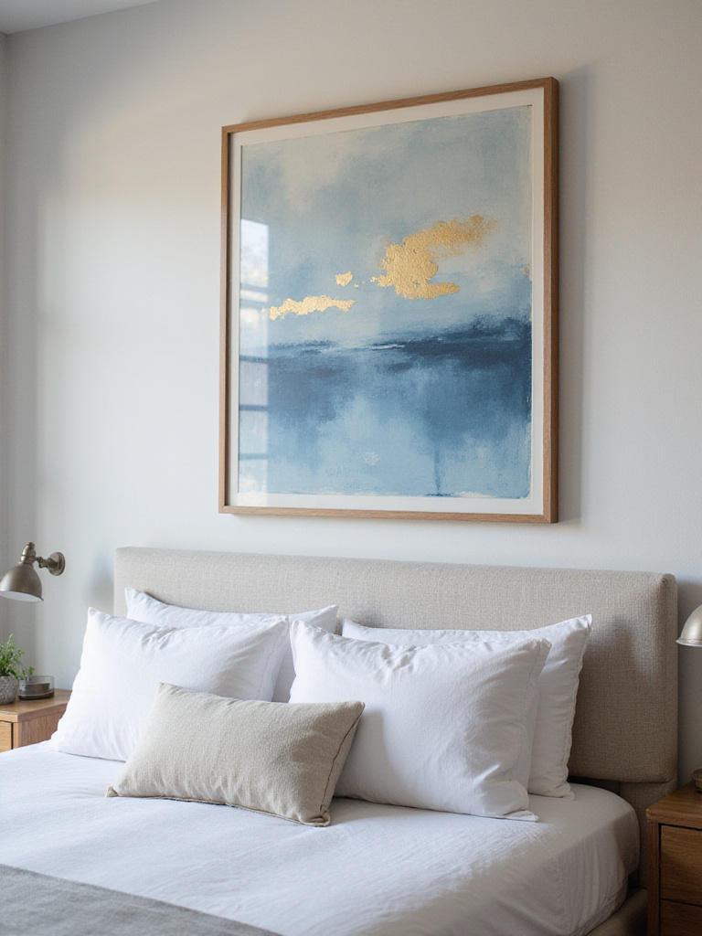 Elegant bedroom with a statement piece artwork above the bed