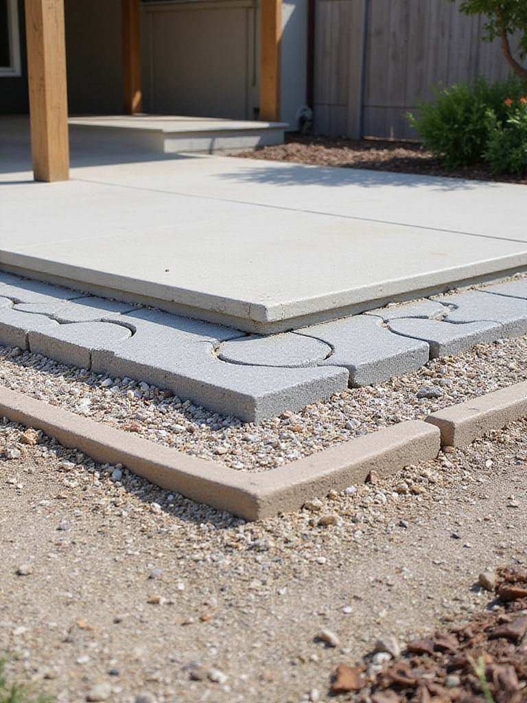 Close-up portrait view of a patio base showing concrete slab, permeable pavers, and gravel sections side by side under natural daylight