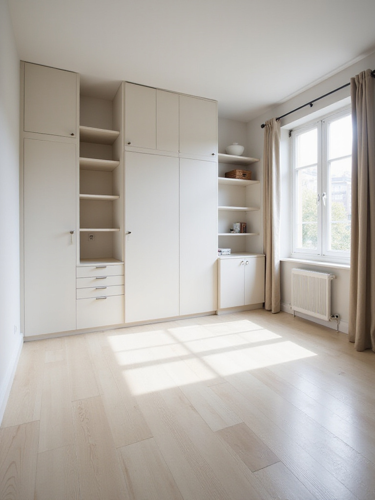 Minimalist apartment bedroom with no clutter showcasing maximized visible and usable floor space and smart storage