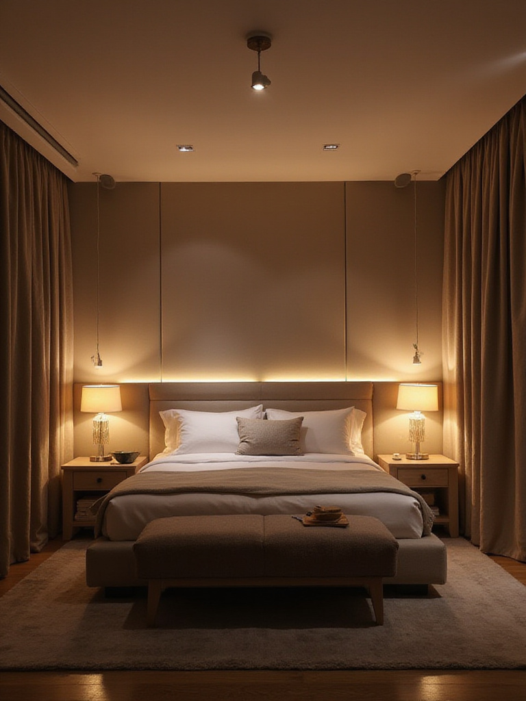 A serene bedroom showcasing combined varied lighting for ambiance control.